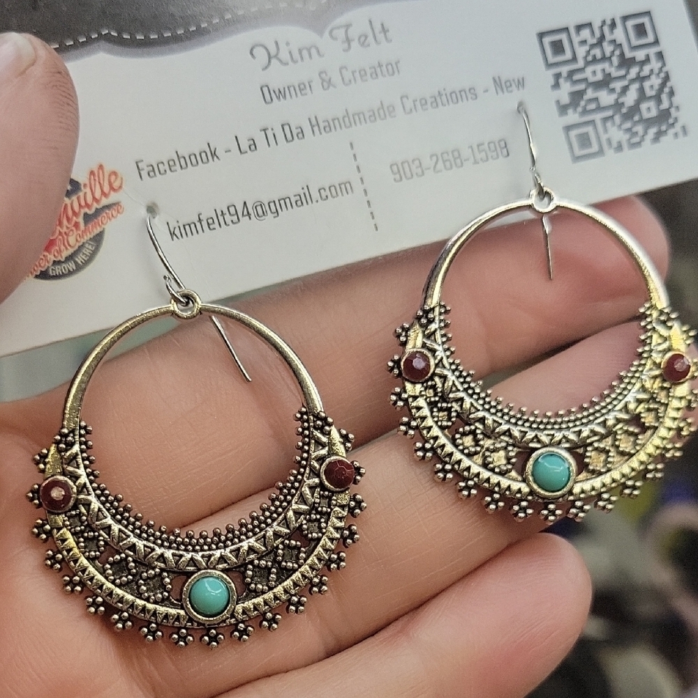 Silver Tone and Faux Turquoise Hoop 1.5" Earrings